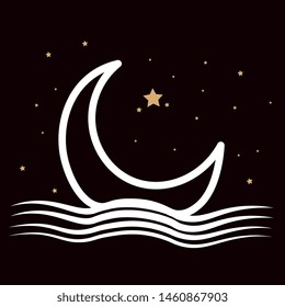 Half Moon is surrounded by a number of stars in a sea-wave scene
