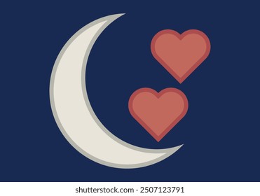 Media luna con dos corazones en una noche