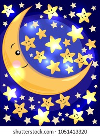 Half moon vector concept. Crescent and stars illustration. Night time background