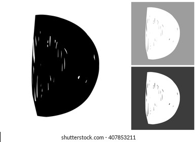 Half moon vector hand drawn graphic image. Label with minimalistic shape half moon. Isolated element on white, gray and black background. Paint imitation.
