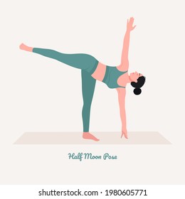 Half Moon Yoga pose. Young woman practicing yoga  exercise. Woman workout fitness, aerobic and exercises. Vector Illustration.