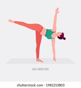 Halbmond Yoga Pose. Junge Frau, die Yogaübungen macht. Frauen trainieren Fitness, Aerobic und Übungen. Vektorgrafik.