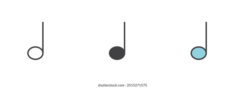 Ícone de estilo diferente de nota de meia música definido. Linha, glifo e preenchido esboço versão colorida, contorno e sinal de vetor preenchido. Símbolo, ilustração de logotipo. Gráficos vetoriais