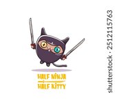 Half ninja half kitty character with black super hero ninja mask isolated on white background. super ninja kawaii cat character with sword for printing on t shirt or sticker