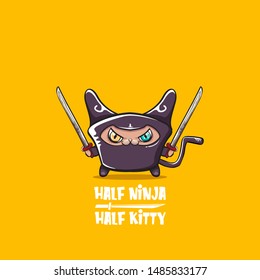 Half ninja half kitty character with black super hero ninja mask isolated on orange background. super ninja kawaii cat character with sword for printing on t shirt or sticker