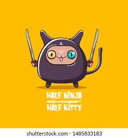 Half ninja half kitty character with black super hero ninja mask isolated on orange background. super ninja kawaii cat character with sword for printing on t shirt or sticker