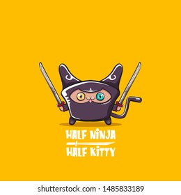 Half ninja half kitty character with black super hero ninja mask isolated on orange background. super ninja kawaii cat character with sword for printing on t shirt or sticker