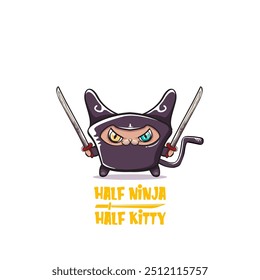 Meio ninja meio personagem gatinho com máscara ninja super herói preto isolado no fundo branco. super ninja kawaii personagem gato com espada para impressão em t-shirt ou adesivo