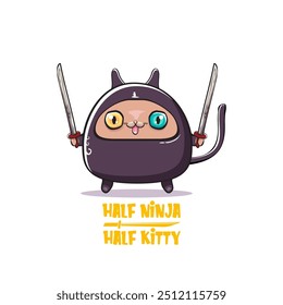 Meio ninja meio personagem gatinho com máscara ninja super herói preto isolado no fundo branco. super ninja kawaii personagem gato com espada para impressão em t-shirt ou adesivo