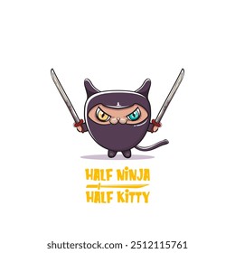 Meio ninja meio personagem gatinho com máscara ninja super herói preto isolado no fundo branco. super ninja kawaii personagem gato com espada para impressão em t-shirt ou adesivo