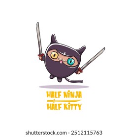 Half ninja half kitty character with black super hero ninja mask isolated on white background. super ninja kawaii cat character with sword for printing on t shirt or sticker