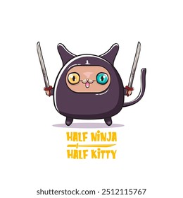 Meio ninja meio personagem gatinho com máscara ninja super herói preto isolado no fundo branco. super ninja kawaii personagem gato com espada para impressão em t-shirt ou adesivo