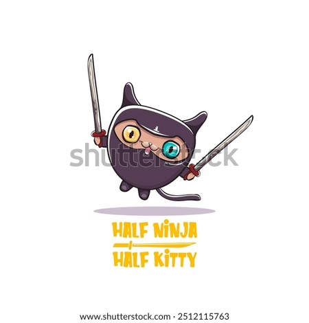 Half ninja half kitty character with black super hero ninja mask isolated on white background. super ninja kawaii cat character with sword for printing on t shirt or sticker