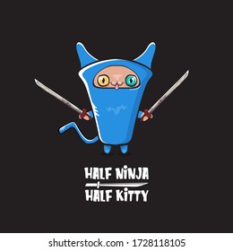 Half ninja half kitty character with blue super hero ninja mask isolated on black background. super pink ninja kawaii cat character with sword for printing on t shirt or sticker