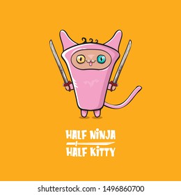 Half ninja half kitty character with pink super hero ninja mask isolated on orange background. pink super ninja kawaii baby cat character with sword for printing on t shirt or sticker