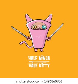 Half ninja half kitty character with pink super hero ninja mask isolated on orange background. pink super ninja kawaii baby cat character with sword for printing on t shirt or sticker