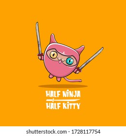 Half ninja half kitty character with pink super hero ninja mask isolated on orange background. super pink ninja kawaii cat character with sword for printing on t shirt or sticker