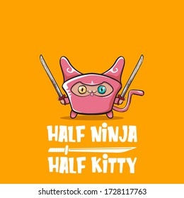 Half ninja half kitty character with pink super hero ninja mask isolated on orange background. super pink ninja kawaii cat character with sword for printing on t shirt or sticker