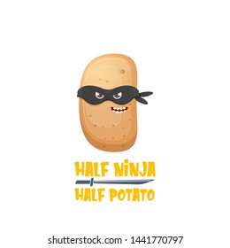 Half ninja half potato character with black super hero mask. super ninja kawaii vegetable food character for printing on tee 