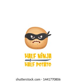 Half ninja half potato character with black super hero mask. super ninja kawaii vegetable food character for printing on tee 