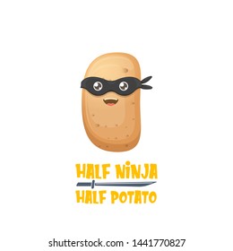 Half ninja half potato character with black super hero mask. super ninja kawaii vegetable food character for printing on tee 