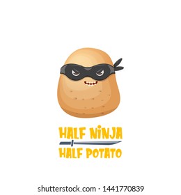 Half ninja half potato character with black super hero mask. super ninja kawaii vegetable food character for printing on tee 