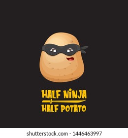 Half ninja half potato character with black super hero ninja mask isolated on black background. super ninja kawaii vegetable food character for printing on t shirt