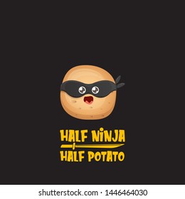 Half ninja half potato character with black super hero ninja mask isolated on black background. super ninja kawaii vegetable food character for printing on t shirt