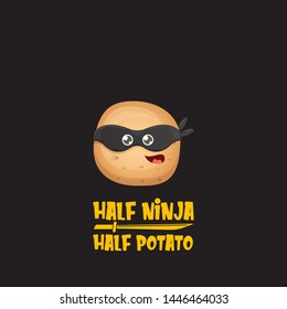 Half ninja half potato character with black super hero ninja mask isolated on black background. super ninja kawaii vegetable food character for printing on t shirt