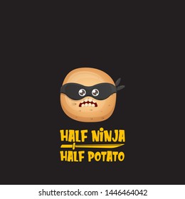 Half ninja half potato character with black super hero ninja mask isolated on black background. super ninja kawaii vegetable food character for printing on t shirt