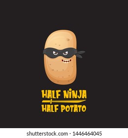 Half ninja half potato character with black super hero ninja mask isolated on black background. super ninja kawaii vegetable food character for printing on t shirt