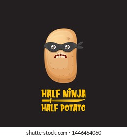 Half ninja half potato character with black super hero ninja mask isolated on black background. super ninja kawaii vegetable food character for printing on t shirt