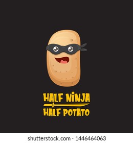 Half ninja half potato character with black super hero ninja mask isolated on black background. super ninja kawaii vegetable food character for printing on t shirt
