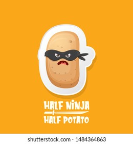 Half ninja half potato character with black super hero ninja mask isolated on orange background. super ninja kawaii vegetable food character for printing on t shirt or sticker