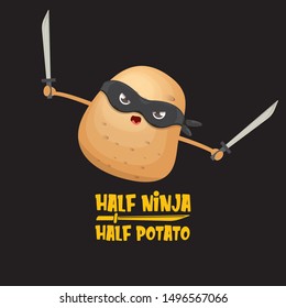 Half ninja half potato character with black super hero ninja mask and sword katana isolated on black background. super ninja kawaii vegetable food character for printing on t shirt