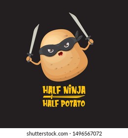 Half ninja half potato character with black super hero ninja mask and sword katana isolated on black background. super ninja kawaii vegetable food character for printing on t shirt