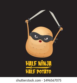 Half ninja half potato character with black super hero ninja mask and sword katana isolated on black background. super ninja kawaii vegetable food character for printing on t shirt