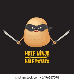 Half ninja half potato character with black super hero ninja mask and sword katana isolated on black background. super ninja kawaii vegetable food character for printing on t shirt
