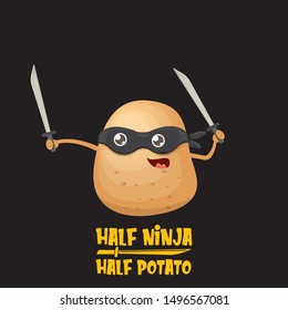 Half ninja half potato character with black super hero ninja mask and sword katana isolated on black background. super ninja kawaii vegetable food character for printing on t shirt