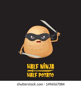 Half ninja half potato character with black super hero ninja mask and sword katana isolated on black background. super ninja kawaii vegetable food character for printing on t shirt