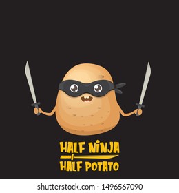 Half ninja half potato character with black super hero ninja mask and sword katana isolated on black background. super ninja kawaii vegetable food character for printing on t shirt