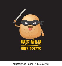 Half ninja half potato character with black super hero ninja mask and sword katana isolated on black background. super ninja kawaii vegetable food character for printing on t shirt