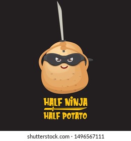 Half ninja half potato character with black super hero ninja mask and sword katana isolated on black background. super ninja kawaii vegetable food character for printing on t shirt