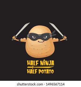 Half ninja half potato character with black super hero ninja mask and sword katana isolated on black background. super ninja kawaii vegetable food character for printing on t shirt