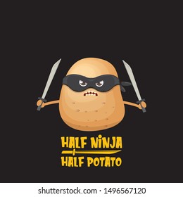 Half ninja half potato character with black super hero ninja mask and sword katana isolated on black background. super ninja kawaii vegetable food character for printing on t shirt