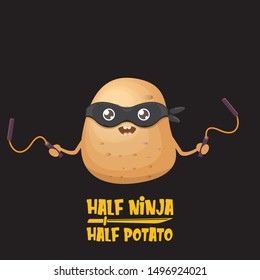 Half ninja half potato character with black super hero ninja mask and nunchuk isolated on black background. super ninja kawaii vegetable food character for printing on t shirt