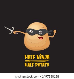 Half ninja half potato character with black super hero ninja mask and knife sai isolated on black background. super ninja kawaii vegetable food character for printing on t shirt