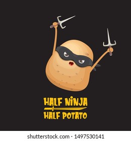 Half ninja half potato character with black super hero ninja mask and knife sai isolated on black background. super ninja kawaii vegetable food character for printing on t shirt