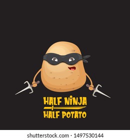 Half ninja half potato character with black super hero ninja mask and knife sai isolated on black background. super ninja kawaii vegetable food character for printing on t shirt