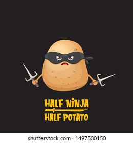 Half ninja half potato character with black super hero ninja mask and knife sai isolated on black background. super ninja kawaii vegetable food character for printing on t shirt